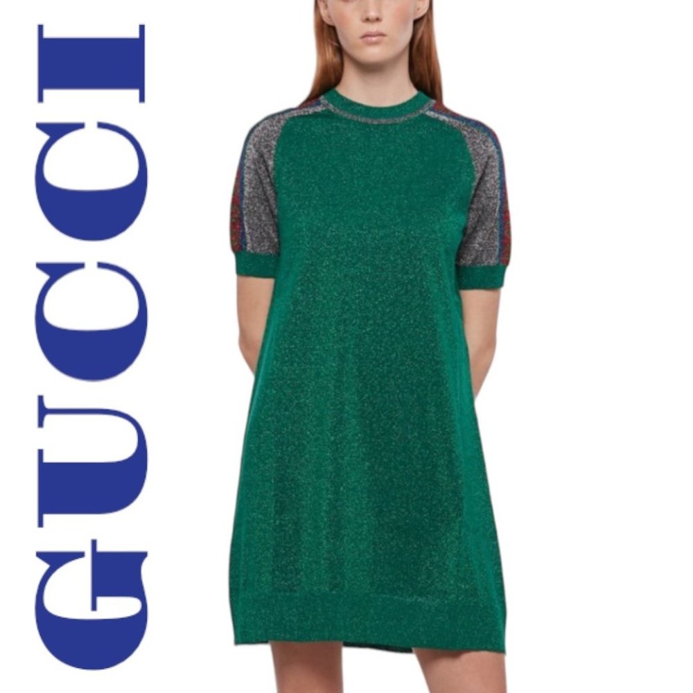 NWT GUCCI Metallic Green Short Sleeve Crew Neck Mini T-Shirt Dress, Size Small - Picture 12 of 13